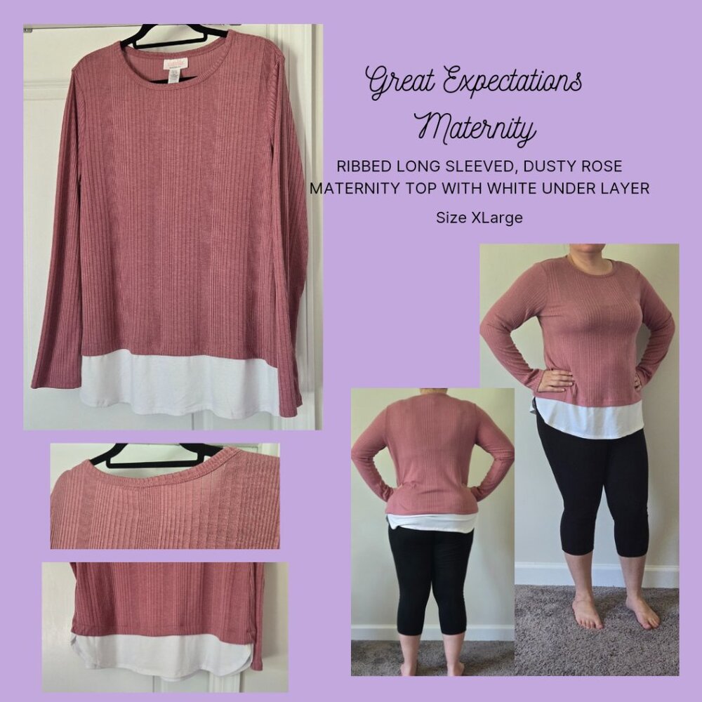 Great Expectations Dusty Rose Maternity Long Sleeve Ribbed Top, Size XLarge